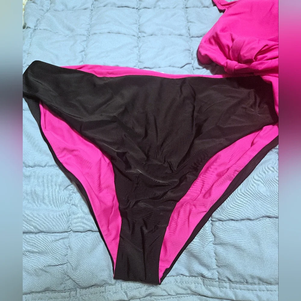 CUPSHE 2pc Tankini With Reversible Bottoms Fushia Pink & Black XXXL NWT